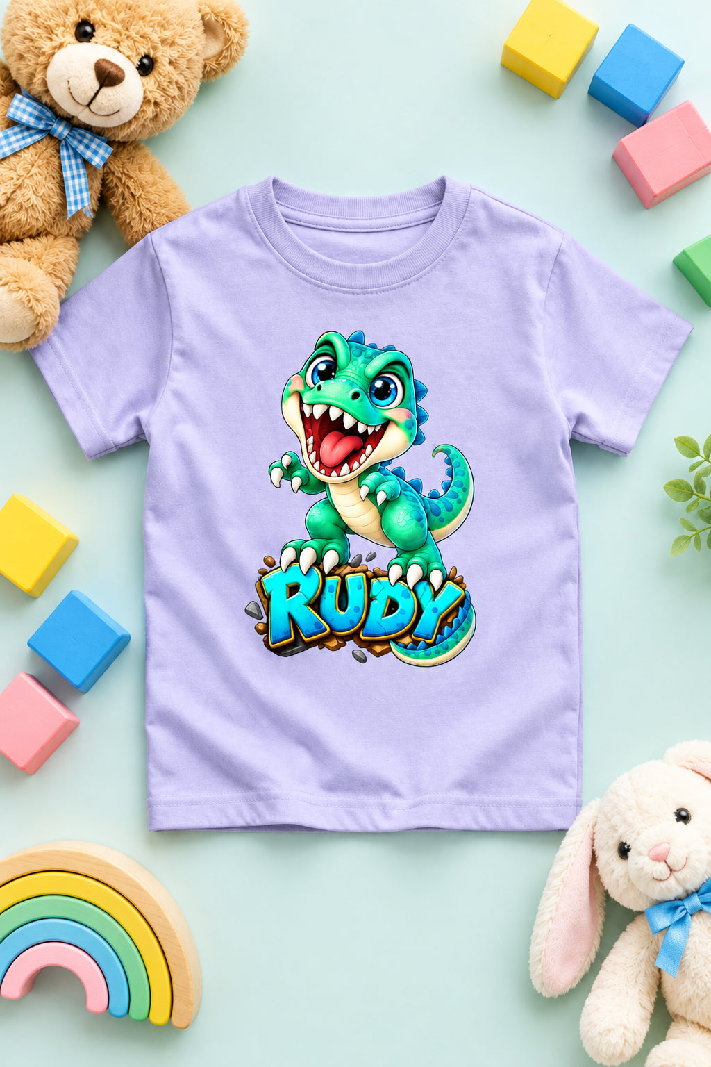 Rudy Dino boys' crew neck T-shirt featuring a cute cartoon dinosaur design.