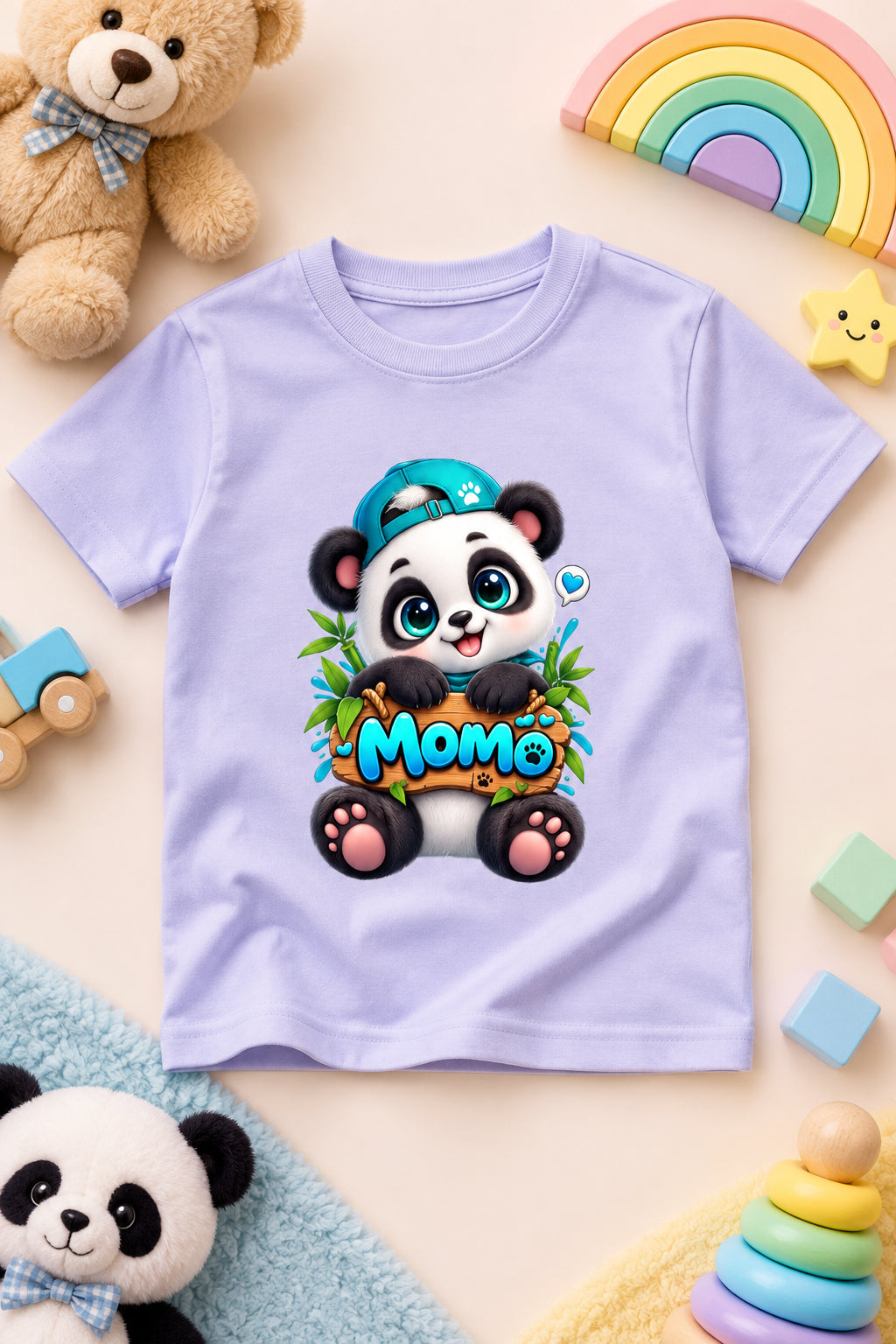Momo Panda Boy's Crew Neck T-shirt with Cute Cartoon Panda Print
