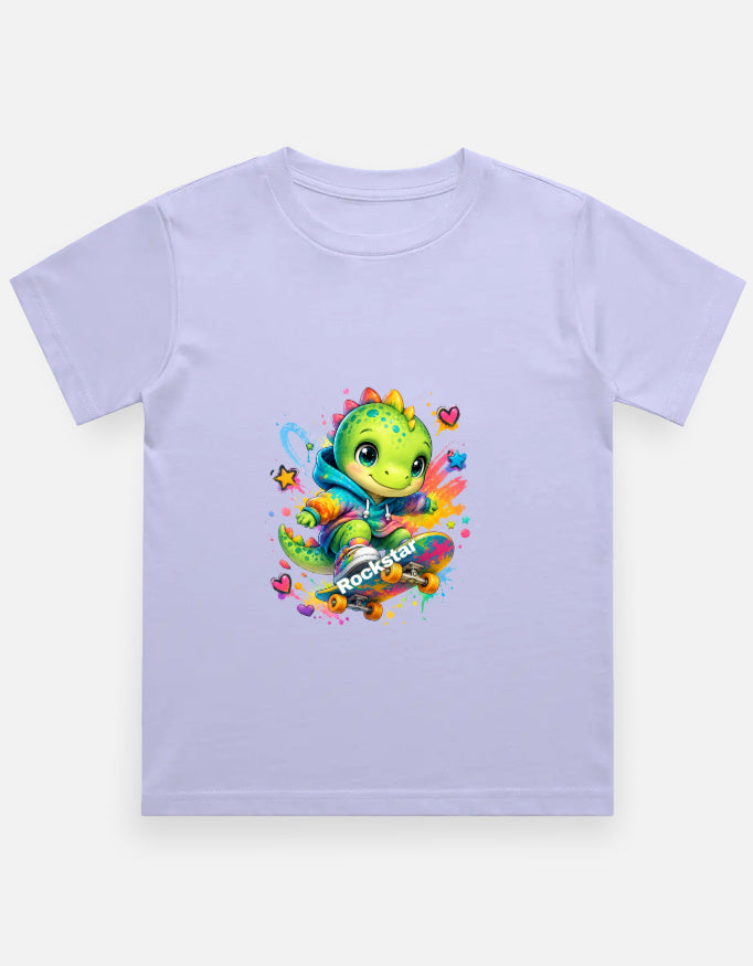Rockstar Skateboard Dino Cartoon T-Shirt Teal Front View – ToonVerze Kids Tee