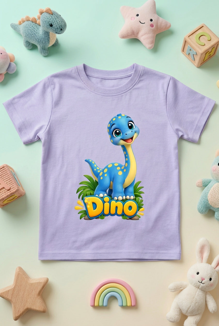 Cute baby dinosaur graphic on a boy’s crew neck T-shirt, featuring an adorable and playful dinosaur design.