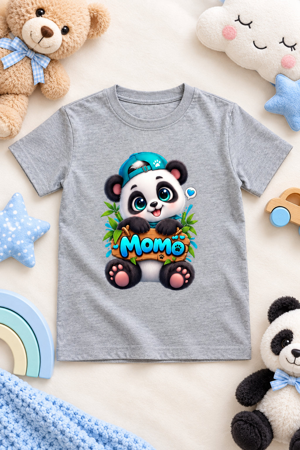Momo Panda Boy's Crew Neck T-shirt with Cute Cartoon Panda Print
