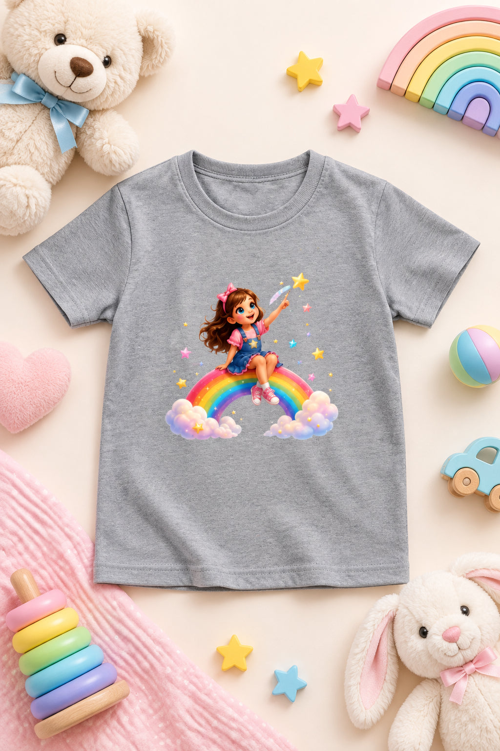 Rainbow Girl Cartoon T-Shirt Royal Blue Front View – ToonVerze Kids Tee