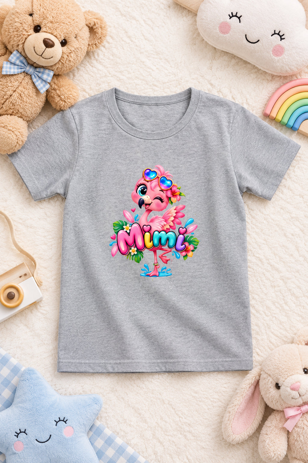 Girl's crew neck T-shirt featuring a cute pink flamingo print