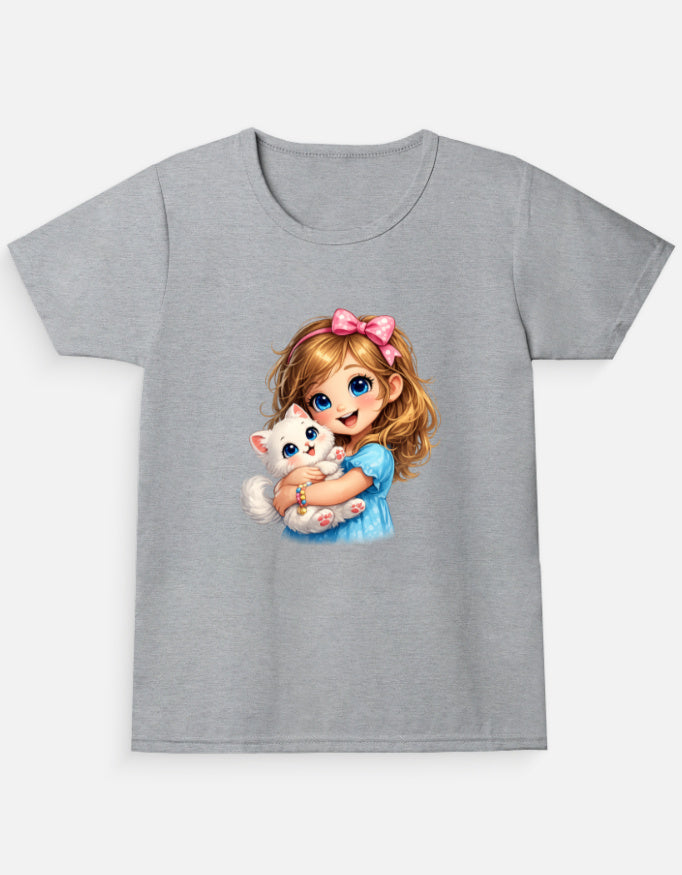 Cute Kitty Girl Cartoon T-Shirt Royal Blue Front View – ToonVerze Kids Tee