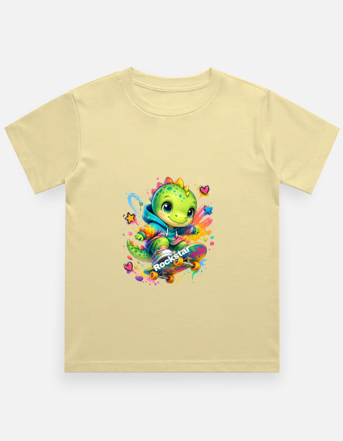 Rockstar Skateboard Dino Cartoon T-Shirt Coral Front View – ToonVerze Kids Tee