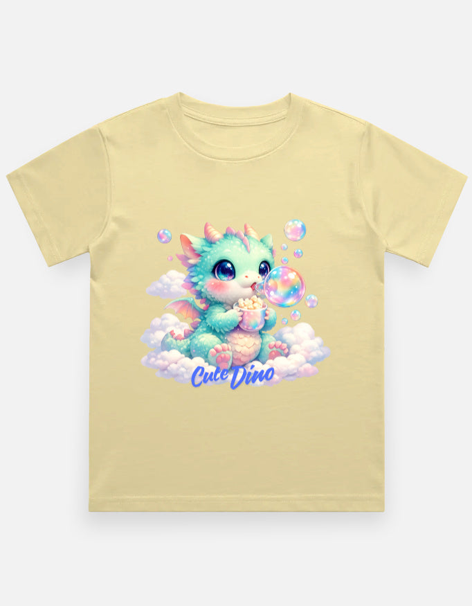 Cloud Bubble Dino Cartoon T-Shirt Coral Front View – ToonVerze Kids Tee