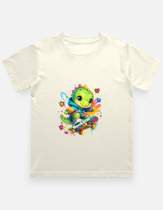 Rockstar Skateboard Dino Cartoon T-Shirt Lavender Front View – ToonVerze Kids Tee