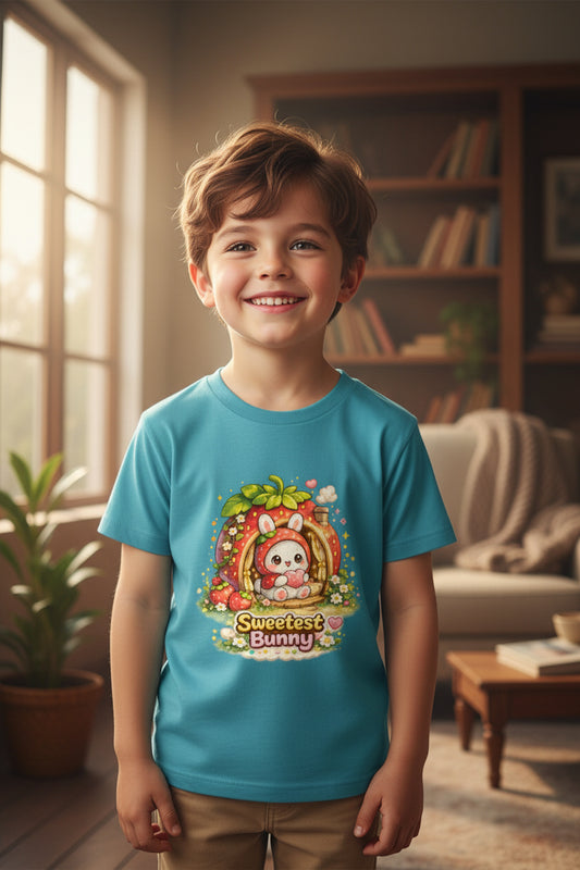 Rabbit Strawberry Cartoon T-Shirt Sky Blue Front View – ToonVerze Kids Tee