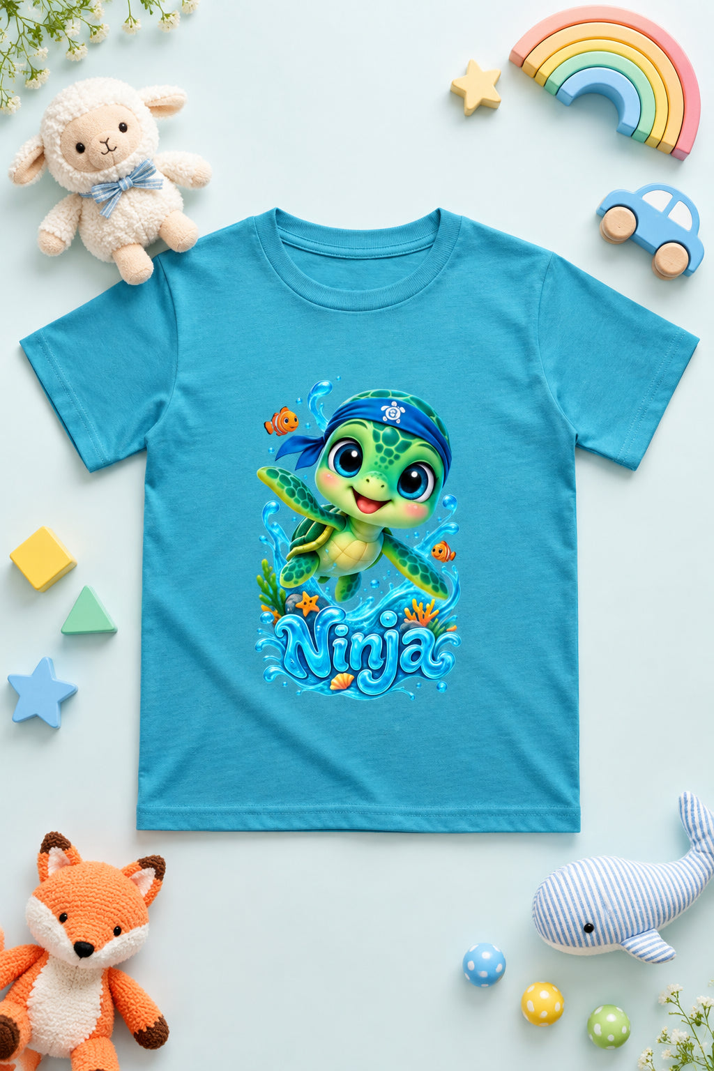 “Cute Turtle Boy’s crew neck T-shirt featuring a colorful Turtle character graphic.”