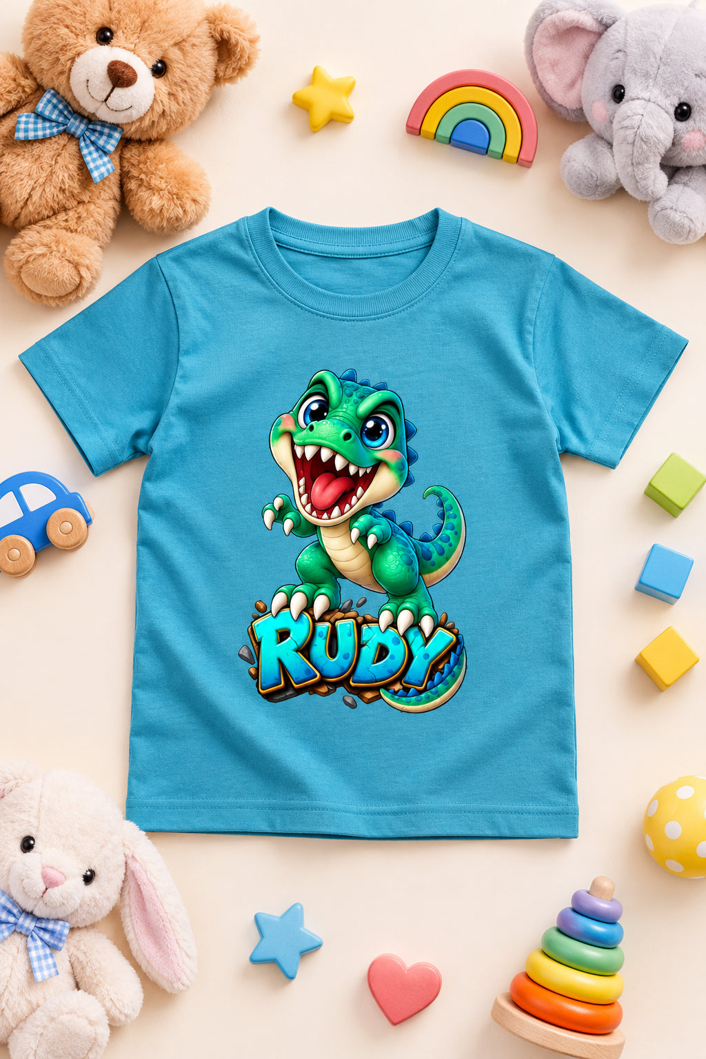 Rudy Dino boys' crew neck T-shirt featuring a cute cartoon dinosaur design