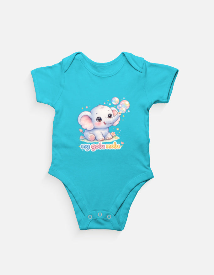 Cute Baby Elephant Cartoon Romper Sky Blue Front View – ToonVerze Newborn Onesie