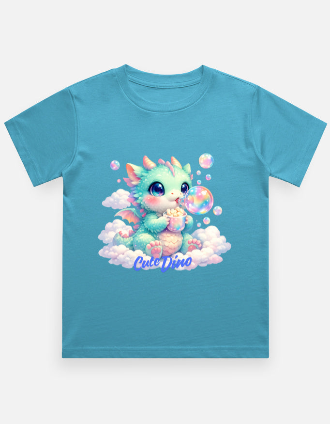 Cloud Bubble Dino Cartoon T-Shirt Sky Blue Front View – ToonVerze Kids Tee