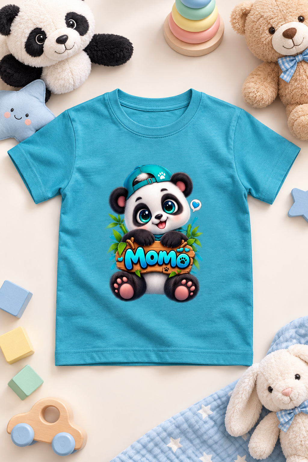 Momo Panda Boy's Crew Neck T-shirt with Cute Cartoon Panda Print