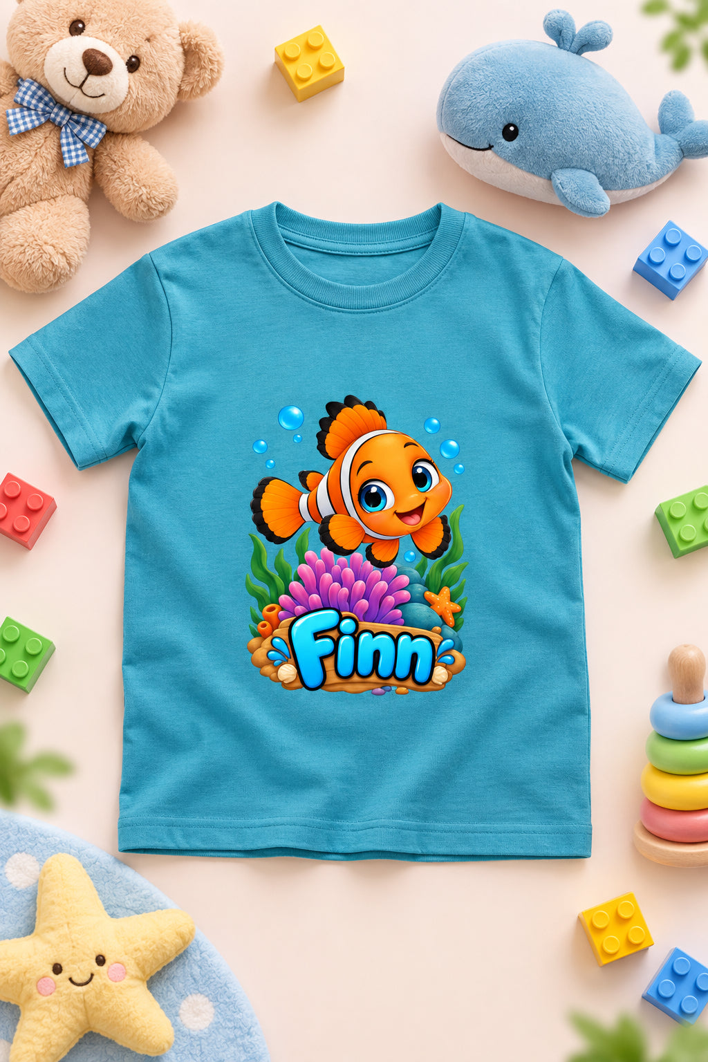 Finn the Friendly Fish boys' crew neck T-shirt featuring a cute cartoon fish design