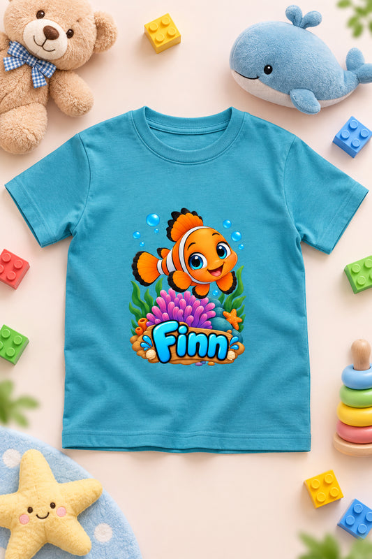 Finn the Friendly Fish boys' crew neck T-shirt featuring a cute cartoon fish design