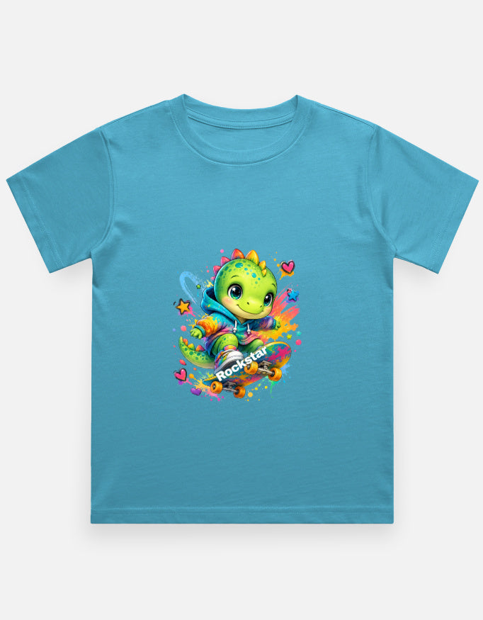Rockstar Skateboard Dino Cartoon T-Shirt Sky Blue Front View – ToonVerze Kids Tee