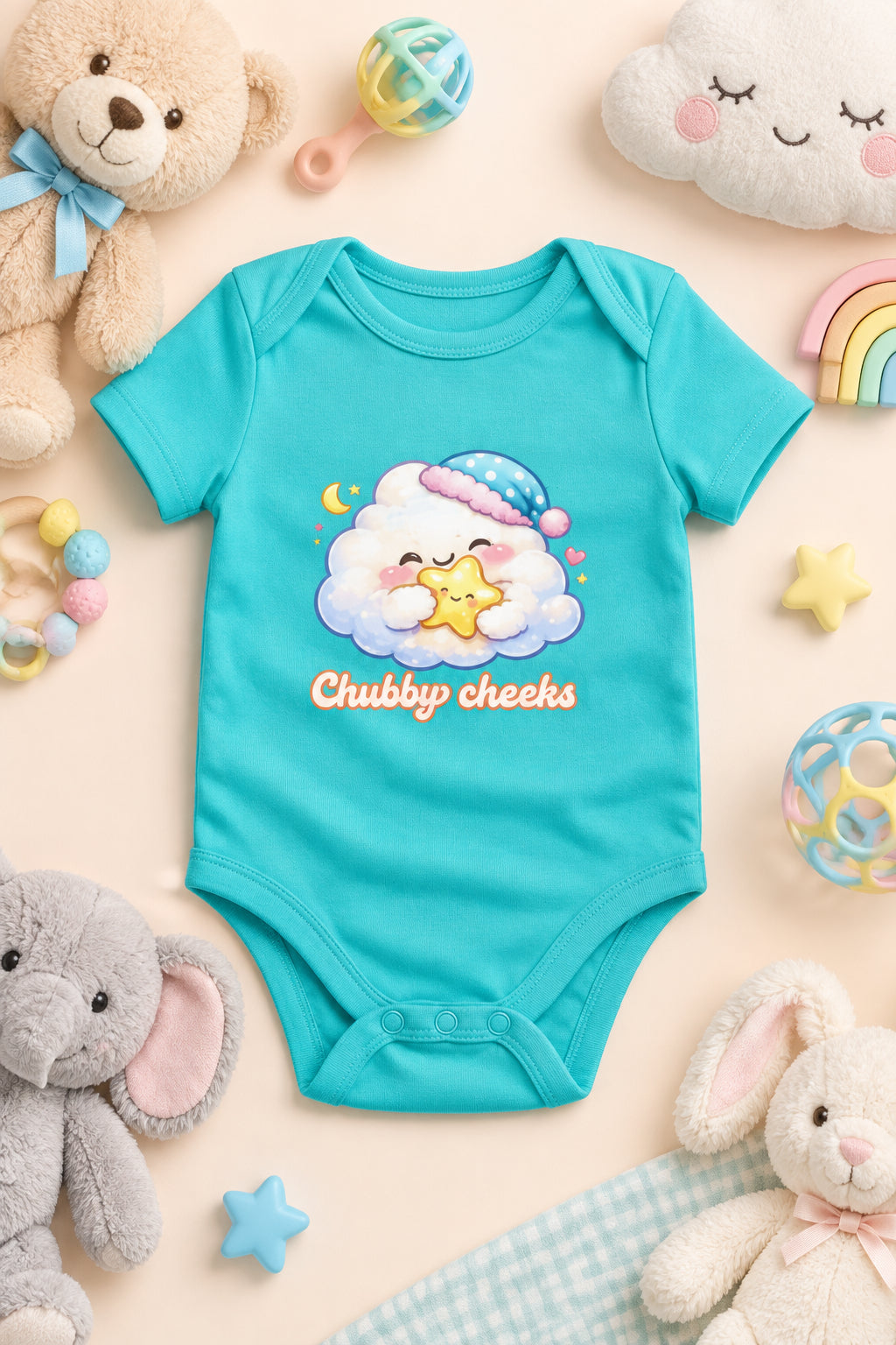 Cloud Cartoon Baby Romper Sky Blue Front View – ToonVerze Baby Bodysuit