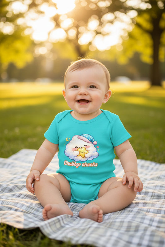 Cloud Cartoon Baby Romper Sky Blue Front View – ToonVerze Baby Bodysuit