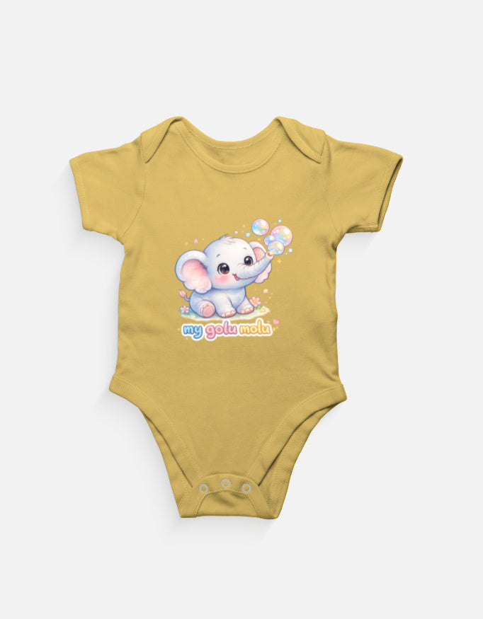 Cute Baby Elephant Cartoon Romper Yellow Front View – ToonVerze Newborn Onesie