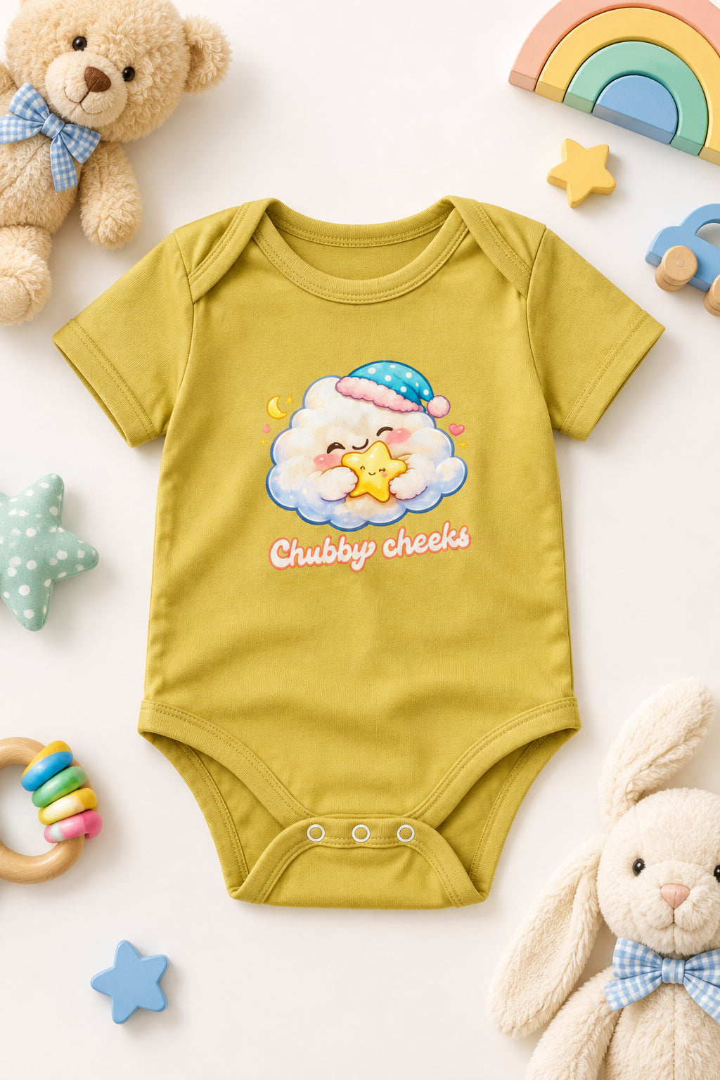 Cloud Cartoon Baby Romper Yellow Front View – ToonVerze Baby Bodysuit