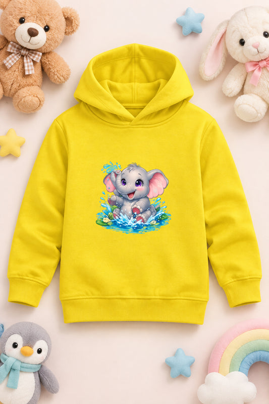 Cute elephant print on a cozy cotton kids' pullover hoodie, featuring an adorable cartoon elephant design with a soft, playful look.