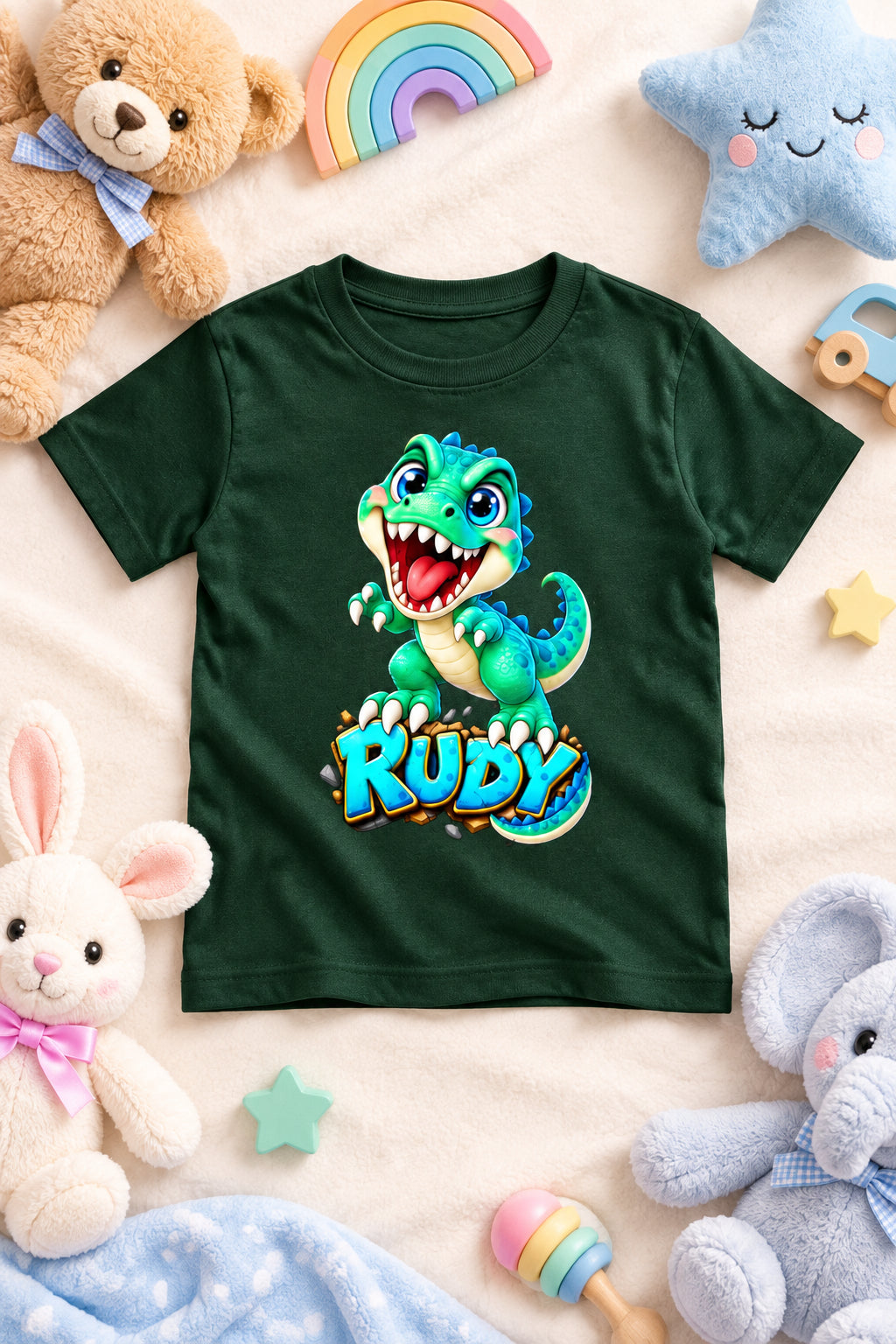 Rudy Dino boys' crew neck T-shirt featuring a cute cartoon dinosaur design.