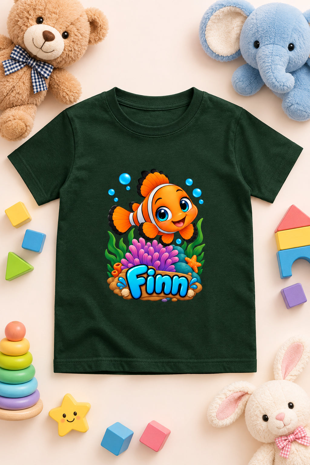 Finn the Friendly Fish boys' crew neck T-shirt featuring a cute cartoon fish design