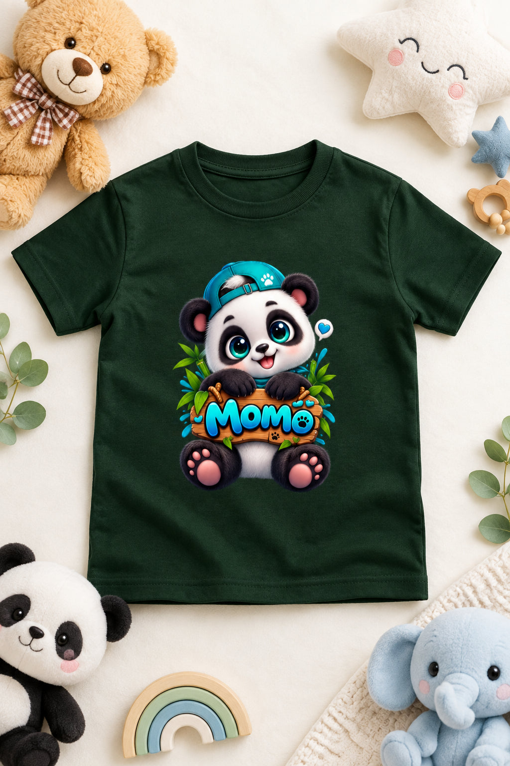 Momo Panda Boy's Crew Neck T-shirt with Cute Cartoon Panda Print