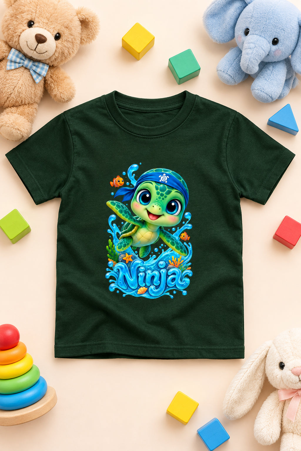 “Cute Turtle Boy’s crew neck T-shirt featuring a colorful Turtle character graphic.”