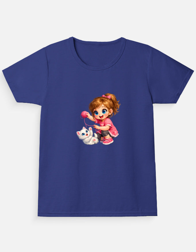Cute Kitty Girl Cartoon T-Shirt Essentials Grey Melange Front View – ToonVerze Kids Tee