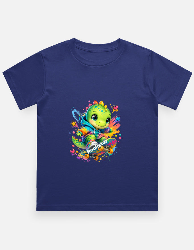 Rockstar Skateboard Dino Cartoon T-Shirt Grey Melange Front View – ToonVerze Kids Tee