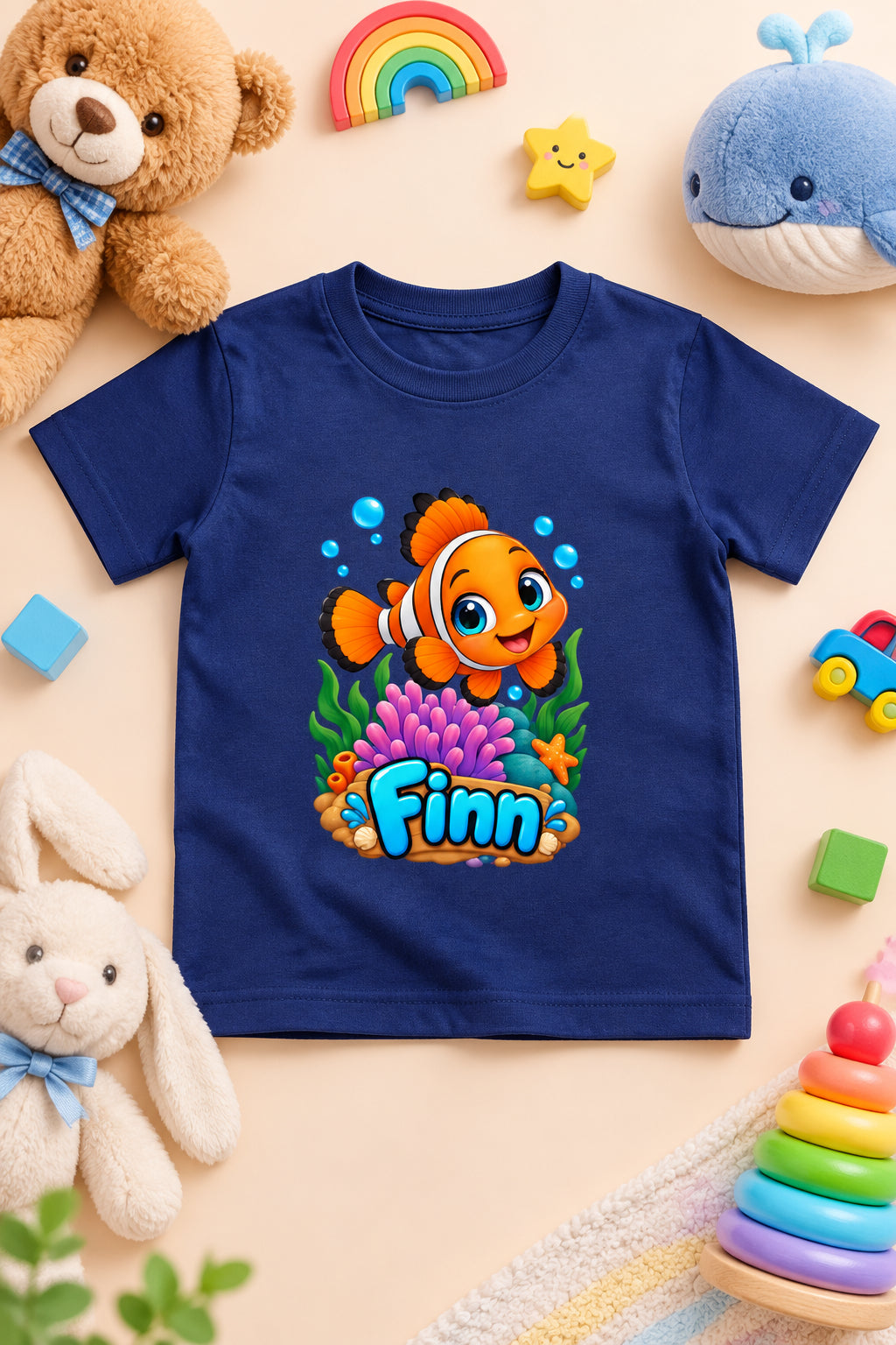 Finn the Friendly Fish boys' crew neck T-shirt featuring a cute cartoon fish design