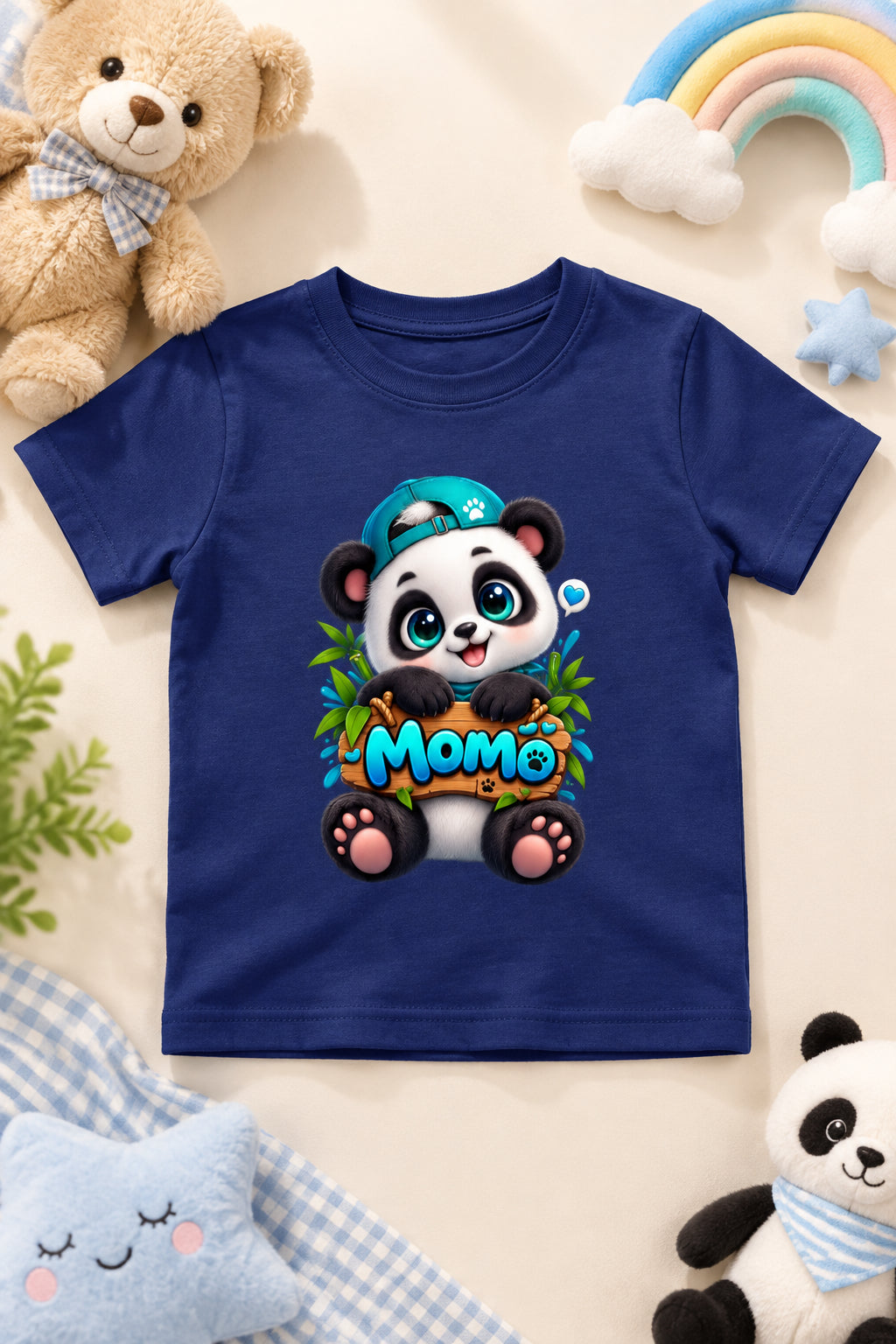 Momo Panda Boy's Crew Neck T-shirt with Cute Cartoon Panda Print