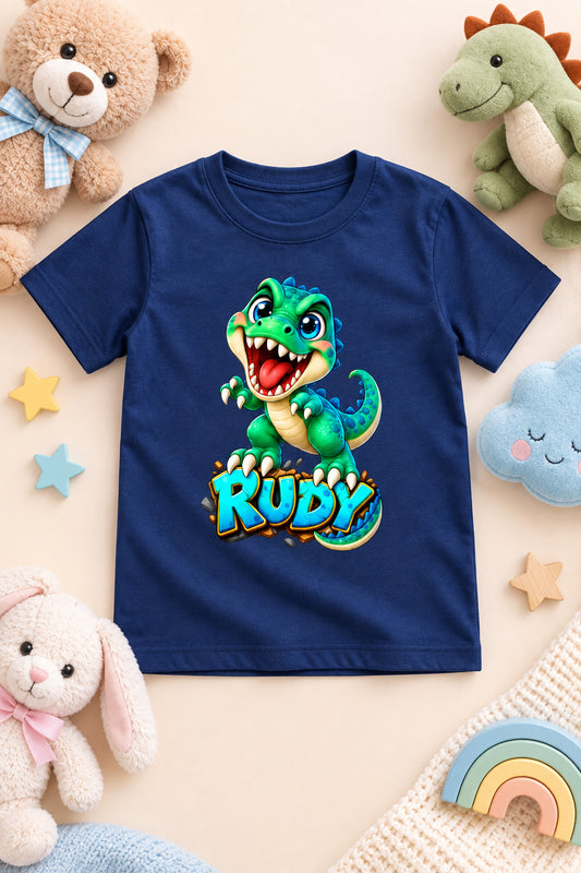 Rudy Dino boys' crew neck T-shirt featuring a cute cartoon dinosaur design.