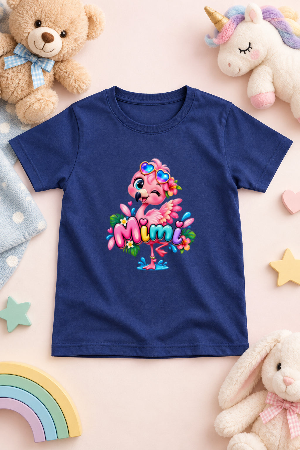 Girl's crew neck T-shirt featuring a cute pink flamingo print
