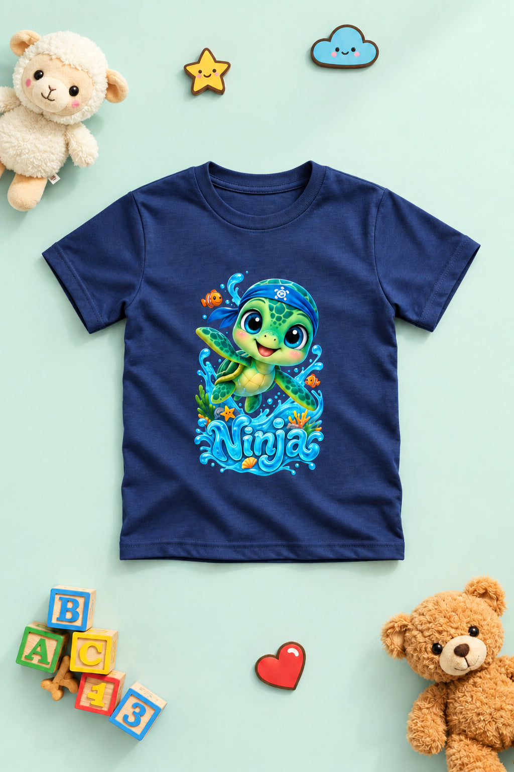 “Cute Turtle Boy’s crew neck T-shirt featuring a colorful Turtle character graphic.”