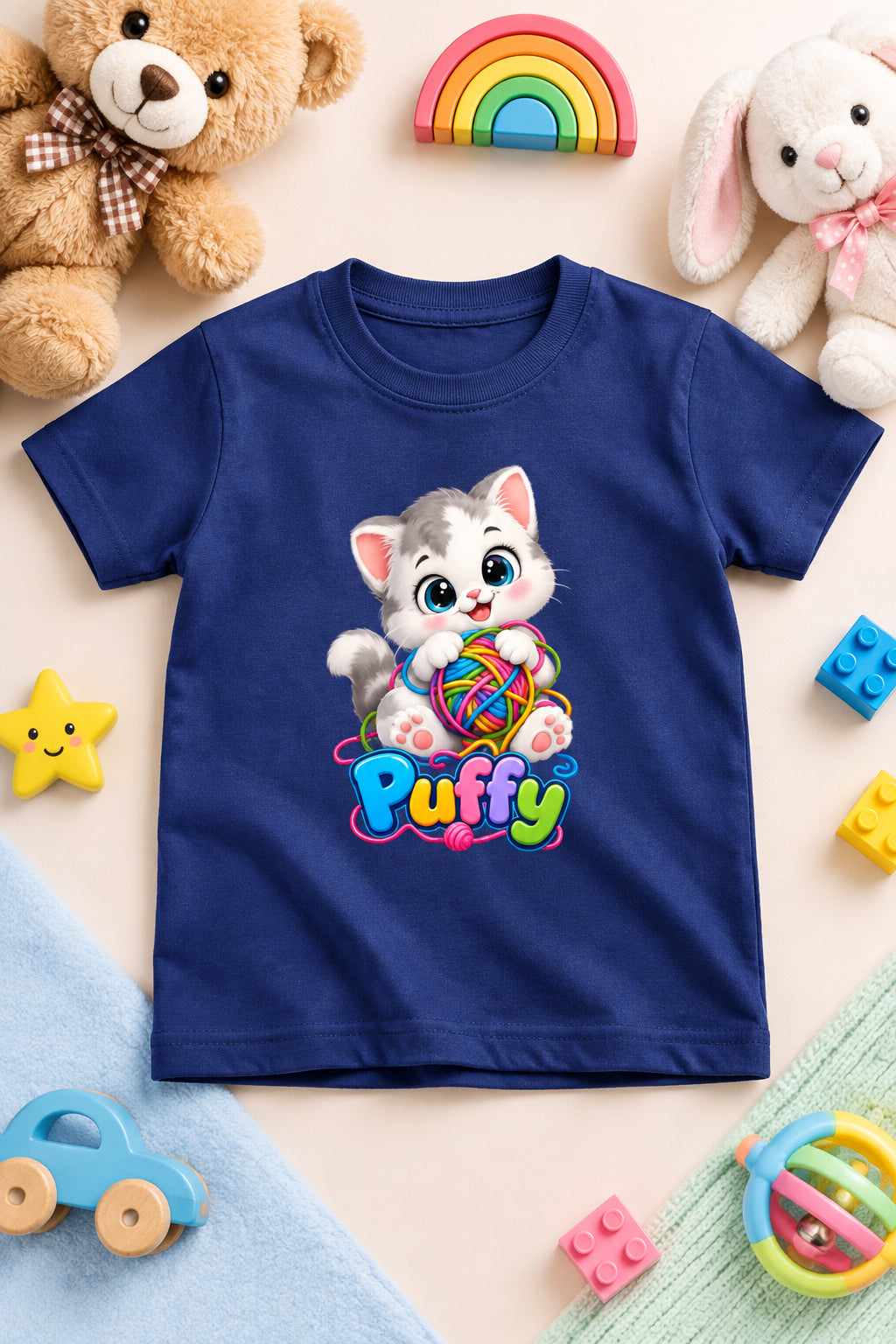 Girl's crew neck T-shirt featuring a cute and adorable kitten print on the front