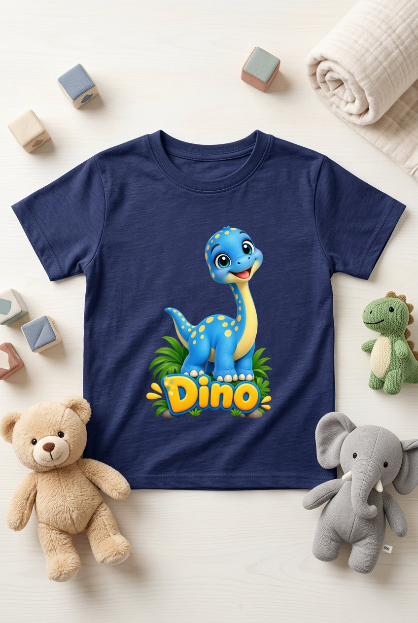 Cute baby dinosaur graphic on a boy’s crew neck T-shirt, featuring an adorable and playful dinosaur design.
