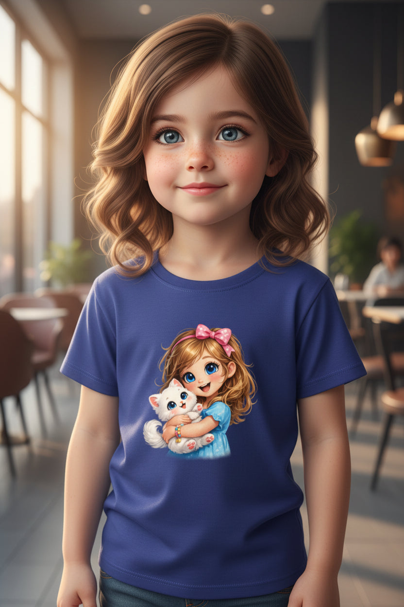 Cute Kitty Girl Cartoon T-Shirt Grey Melange Front View – ToonVerze Kids Tee