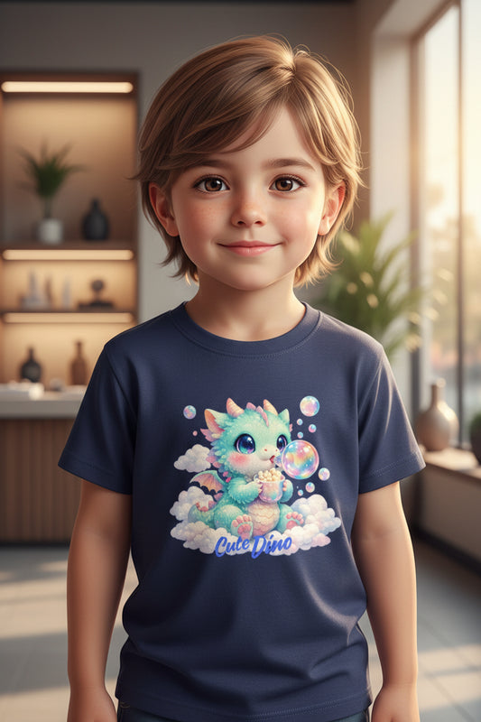 Cloud Bubble Dino Cartoon T-Shirt Grey Melange Front View – ToonVerze Kids Tee